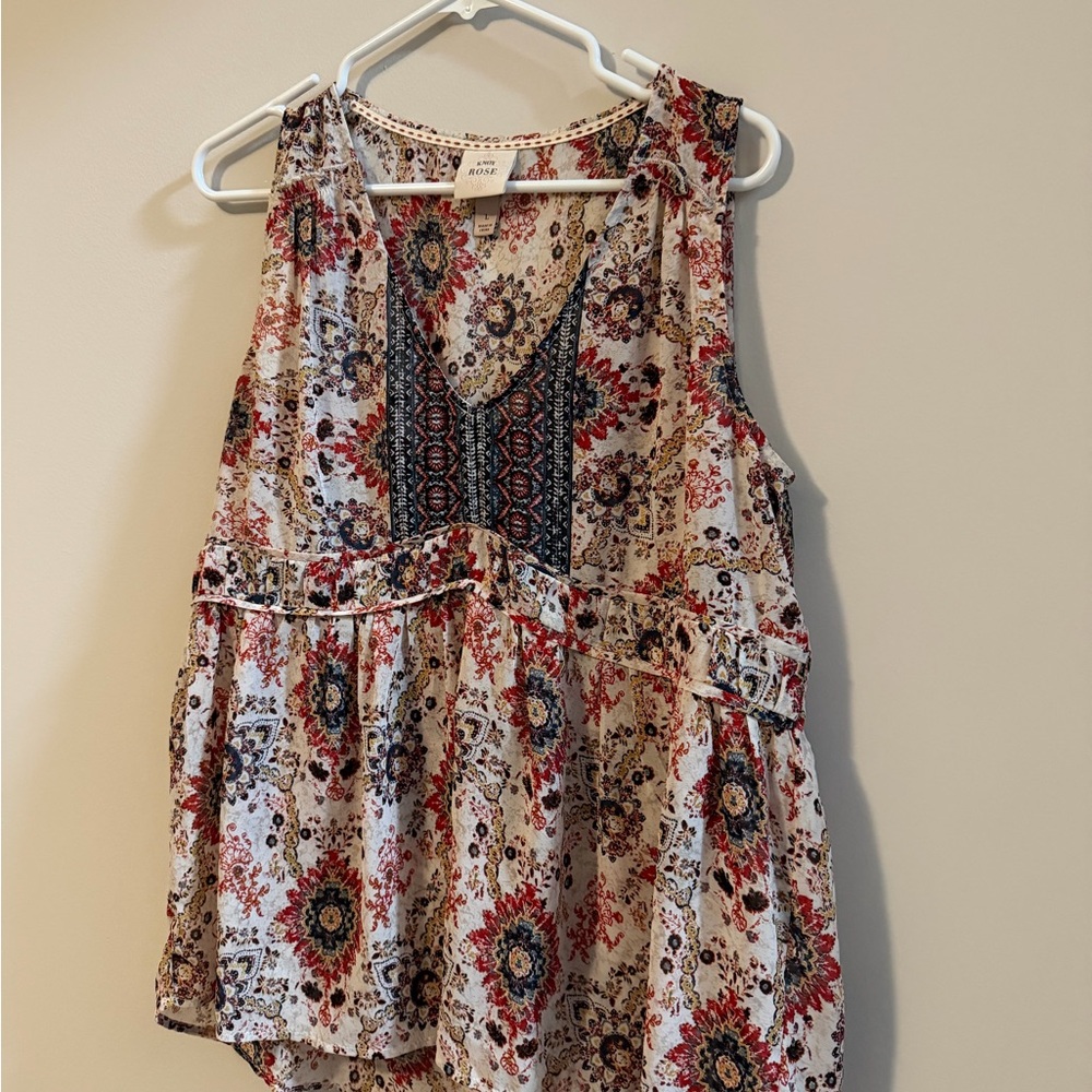 Knox Rose Cream Floral Boho Sleeveless Peplum Top - Red & Navy Accents